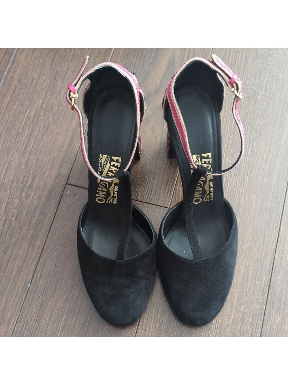 Salvatore Ferragamo Black/Pink Suede And Leather Fergie T-Strap Pumps - Picture 6 of 13